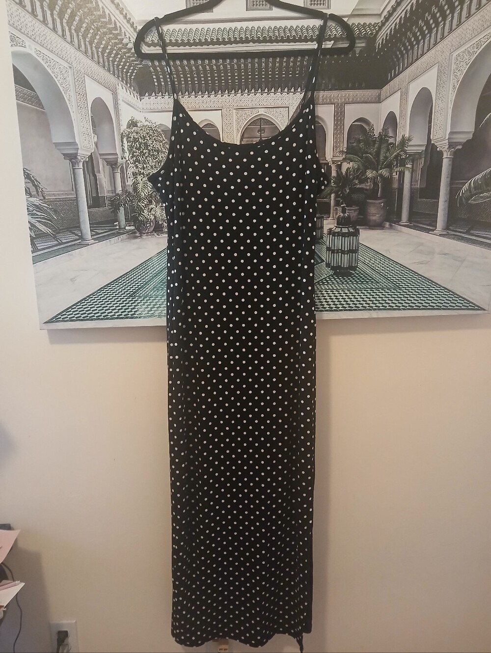 Black Polka Dot Maxi Slip Dress with Spaghetti Straps